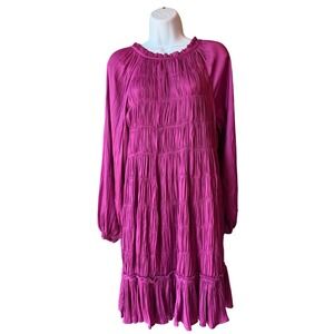 Maeve by Anthropologie Magenta Long Sleeve Pleated Ruffle Dress‎ XS